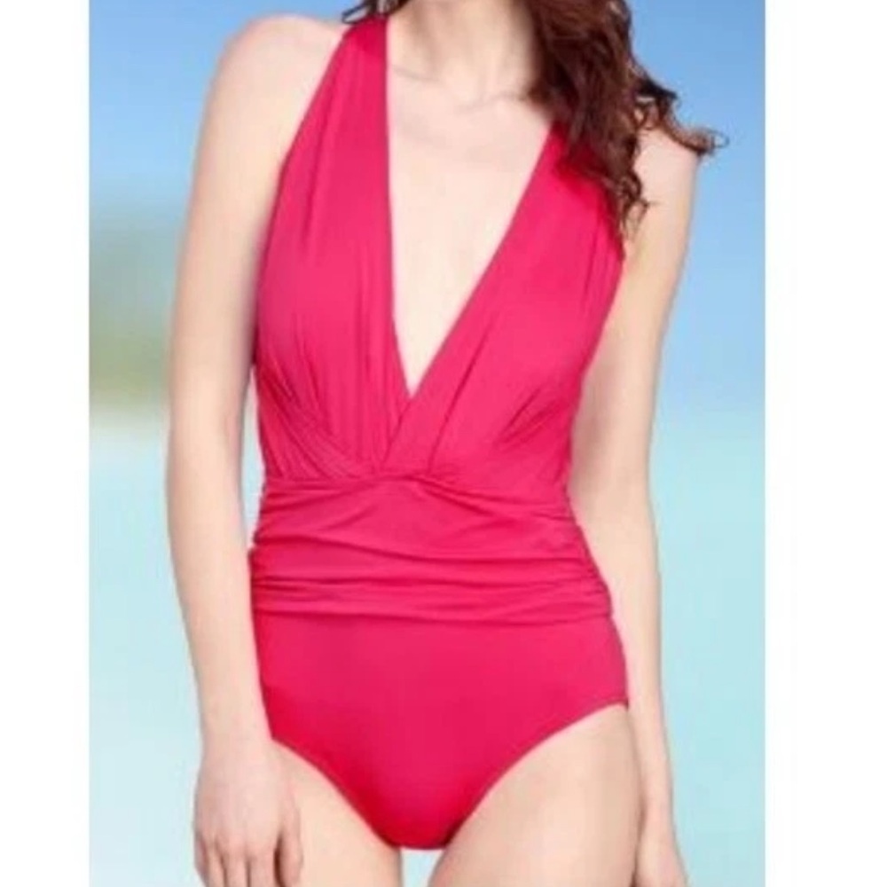 Mainstream One Piece Pludge Deep V Swimsuit Coral Red Size 8 NEW